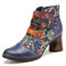 SOCOFY Flowers Embroidery Splicing Genuine Leather Wearable Sole Chunky Heel Ankle Boots - Blue