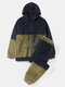 Mens Colorblock Patchwork Plush Zipper Hooded Warm Loungewear Pajamas Sets - Navy