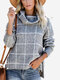 Turtleneck Plaid Long Sleeve Sweater For Women - Grey