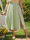Plus Size Plain Button Design Elastic Waist Knotted Slit Skirt - Green