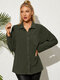 Solid Polar Fleece Pocket Button Long Sleeve Lapel Blouse - Army Green