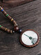Vintage Bohemian Feather Tower Pattern Round Oval Shape Pendant Wooden Beaded Plastic Resin Necklace - #06