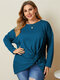 Casual Solid Color O-neck Long Sleeve Plus Size Knotted Blouse - Lake Blue