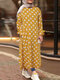 Polka Dot Print Split Long Sleeve Plus Size Dress with Pockets - Yellow