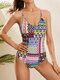 Women Ethnic Geo Pattern Criss Cross Tie Back One Piece Swimsuit - Multi Color