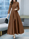 Women Solid Stand Collar Long Sleeve Casual Maxi Dress With Belt - Coffee