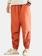 Mens Solid Color Pleated Embroidered Drawstring Waist Casual Jogger Pants - Orange