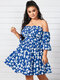 Plus Size Off Shoulder Floral Print Backless 3/4 Length Sleeves Dress - Blue