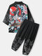 Mens Chinese Element Printed Kimono Street Cropped Two Pieces Outfits With Pocket - Black