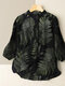 Tropical Leaves Print 3/4 Sleeve Casual Stand Collar Blouse - Black