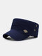 Men Cotton Solid Color Letter Metal Label Adjustable Sunshade Military Hat Flat Cap - Navy