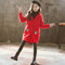 Girl's Printed Long Thick Woolen Coat  - Red