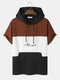 Mens Embroidery Patchwork Kangaroo Pocket Street Hooded T-Shirt - Caramel