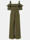 Solid Color Button Pocket Drawstring Off-shoulder Ruffle Casual Jumpsuit - Army green