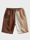 Mens Solid Color Patchwork Drawstring Shorts - Brown