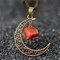 Vintage Metal Natural Stone Crystal Necklace Geometric Hollow Moon Pendant Necklace Sweater Chain - Red