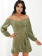 Solid Ruffle Irregular Off-shoulder Long Sleeve Casual Dress - Green