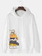 Sweat à capuche décontracté avec cordon de serrage pour homme, motif chat de dessin animé, imprimé sur le côté, hiver - blanc
