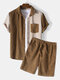 Mens Contrast Color Corduroy Short Sleeve Loungewear Two-Piece Outfits - Yellow
