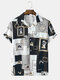 Mens Baroque Color Block Printed Revere Collar Vintage Short Sleeve Shirts - Black