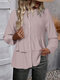 Women Ruffle Trim Button Front Plain Long Sleeve Shirt - Pink