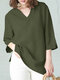 Solid Split V Neck Cotton Casual Blouse - Army Green