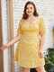 Plus Size Calico Square Neck Tie-up Design Dress - Yellow