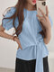 Bowknot Twisted Solid Short Sleeve Caual Blouse - Blue