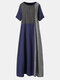 Plaid Patched Vintage Print Casual Dress Women Summer Dress - Blue