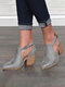 Plus Size Women Retro Casual Buckle Chunky Heel Ankle Boots - Gray