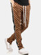 Mens Checkerboard Side Stripe Drawstring Waist Casual Zip Cuff Pants - Brown
