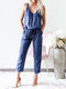 Solid Color Button Pocket Long Sleeveless Casual Jumpsuit for Women - Blue