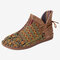 LOSTISY Cloth Embroidered Splicing Leather Flat Comfortable Soft Boots - Camel