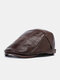 Collrown Men PU Solid Color Patchwork Embroidery Thread Side Adjustable Casual Beret Flat Cap - Brown