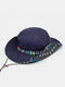 Men Cotton Linen Colorful Stripe Ethnic Pattern Patch Outdoor Sports Sunscreen Bucket Hat - Navy
