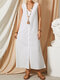 Solid Color Splited Sleeveless Button V-neck Maxi Dress For Women - White