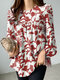 Women Floral Plant Print Crew Neck Long Sleeve Blouse - Red