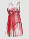 Women Christmas Lace Floral Pleats Ribbon Backless Cosplay Nightgown - Red