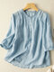 Women Plain Frill Neck Button Front Cotton Puff Sleeve Shirt - Blue