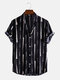 Mens Striped Geo Print Cotton Linen Casual Short Sleeve Shirts - Black
