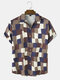 Mens All Over Abstract Check Print Button Up Preppy Short Sleeve Shirts - Brown