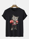 Camisetas masculinas Cat Graphic com gola redonda casual de manga curta de inverno - Preto