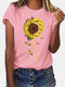 Sunflower Skull Print Short Sleeve T-shirt For Women - Pink