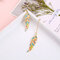 Vintage Oil Dipping Feather Earrings Rhinestone Long Style Earring For Women - Gold