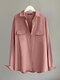 Women Solid Long Sleeve Lapel Button Front Shirt - Pink