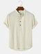Mens Striped Stand Collar Half Button Short Sleeve Henley Shirts - Khaki