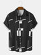 Mens Line Geometric Print Button Up Daily Short Sleeve Shirts - Black