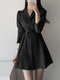 Solid Belt Long Sleeve Lapel A-line Casual Blazer Dress - Black
