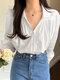 Solid Folds Lapel Long Sleeve Button Down Shirt For Women - White