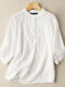 Solid Button Stand Collar 3/4 Sleeve Blouse For Women - White